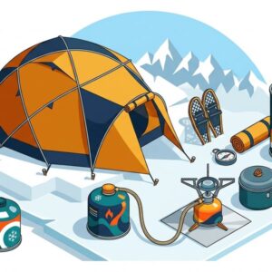 Изометрическая иллюстрация газовых смесей для зимнего кемпинга на белом фоне в современном плоском стиле
